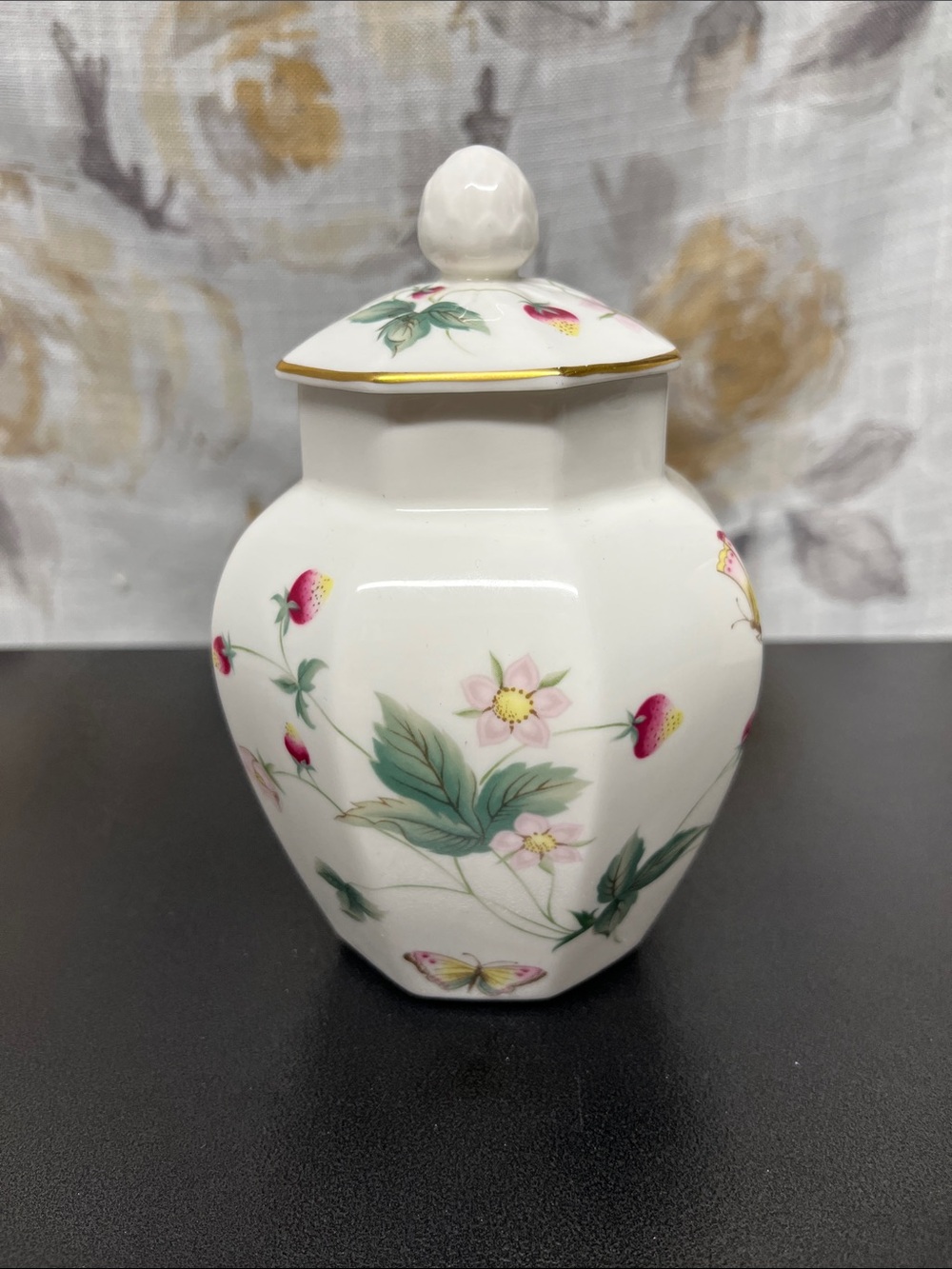 England Porcelain Strawberry & Butterfly Decorative Octagonal Lidded Jar